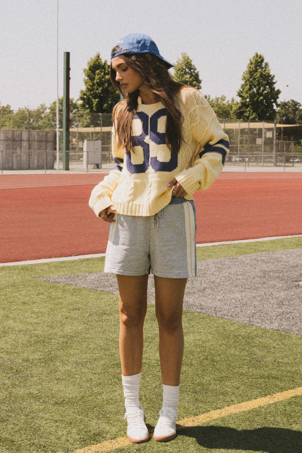 GREY AND BLUE SHORTS WITH CREAM STRIP