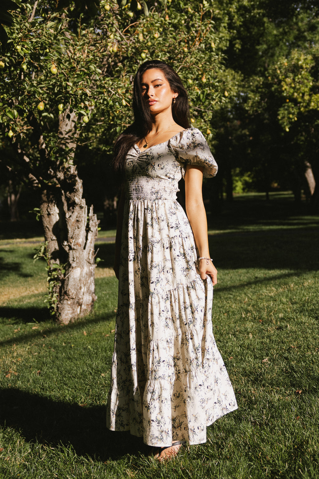 Robbie Floral Midi Dress in Beige