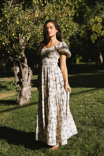 Robbie Floral Midi Dress in Beige