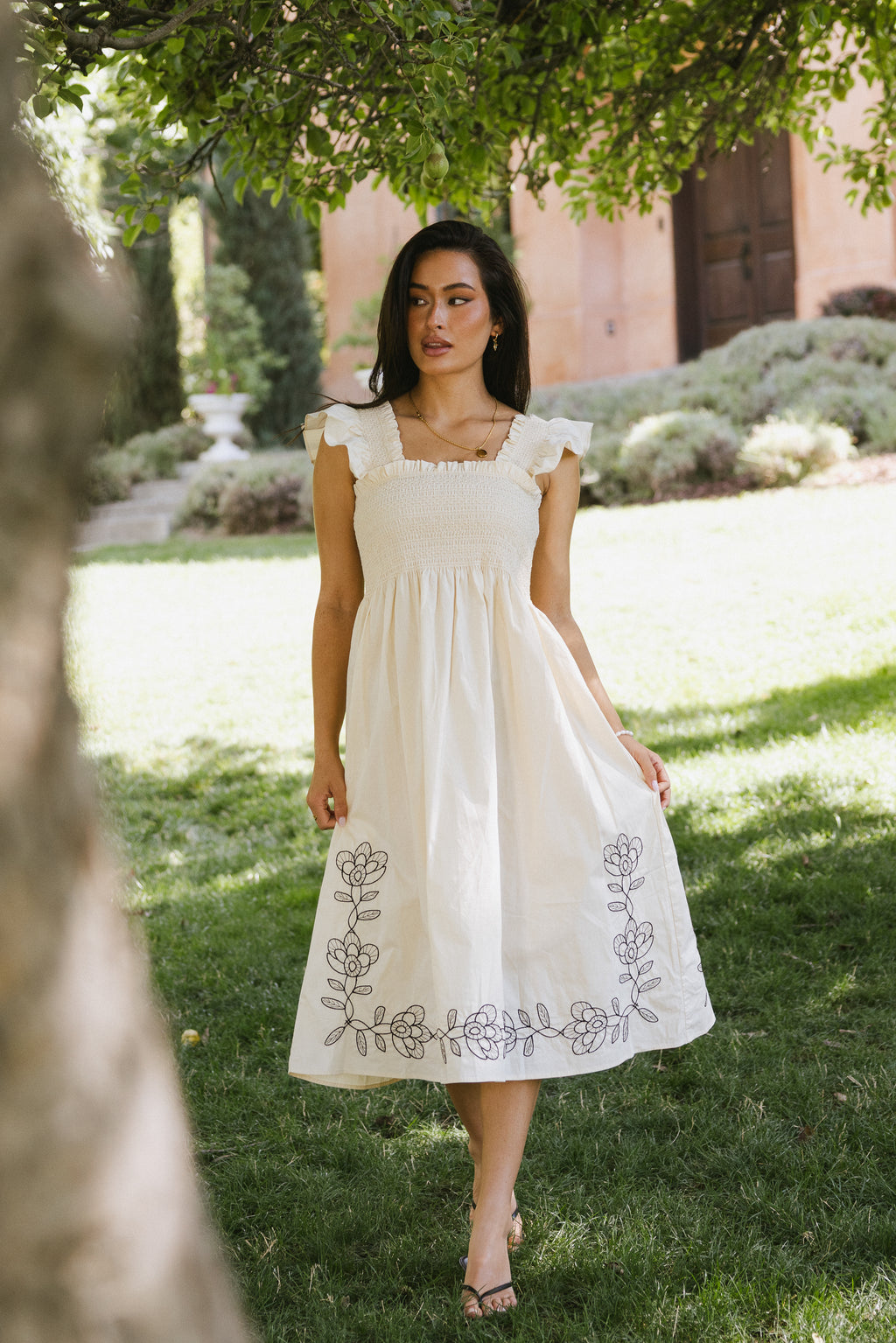 Lane Embroidered Midi Dress in Cream