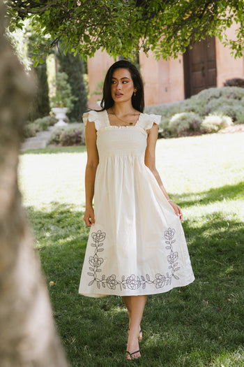 Lane Embroidered Midi Dress in Cream