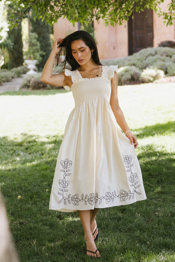 Lane Embroidered Midi Dress in Cream