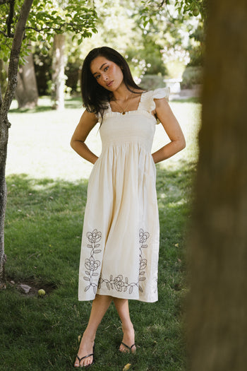 Lane Embroidered Midi Dress in Cream