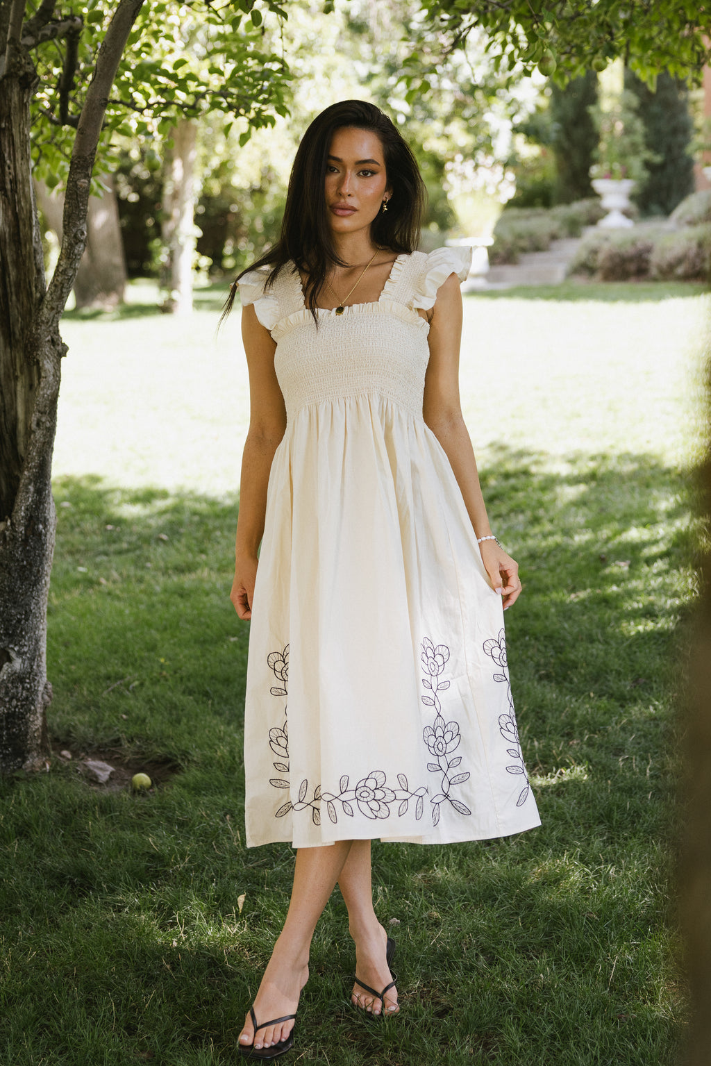 Lane Embroidered Midi Dress in Cream