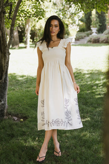 Lane Embroidered Midi Dress in Cream