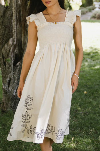 Lane Embroidered Midi Dress in Cream