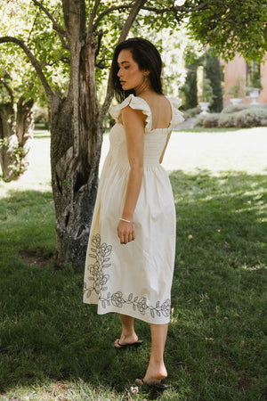 Lane Embroidered Midi Dress in Cream
