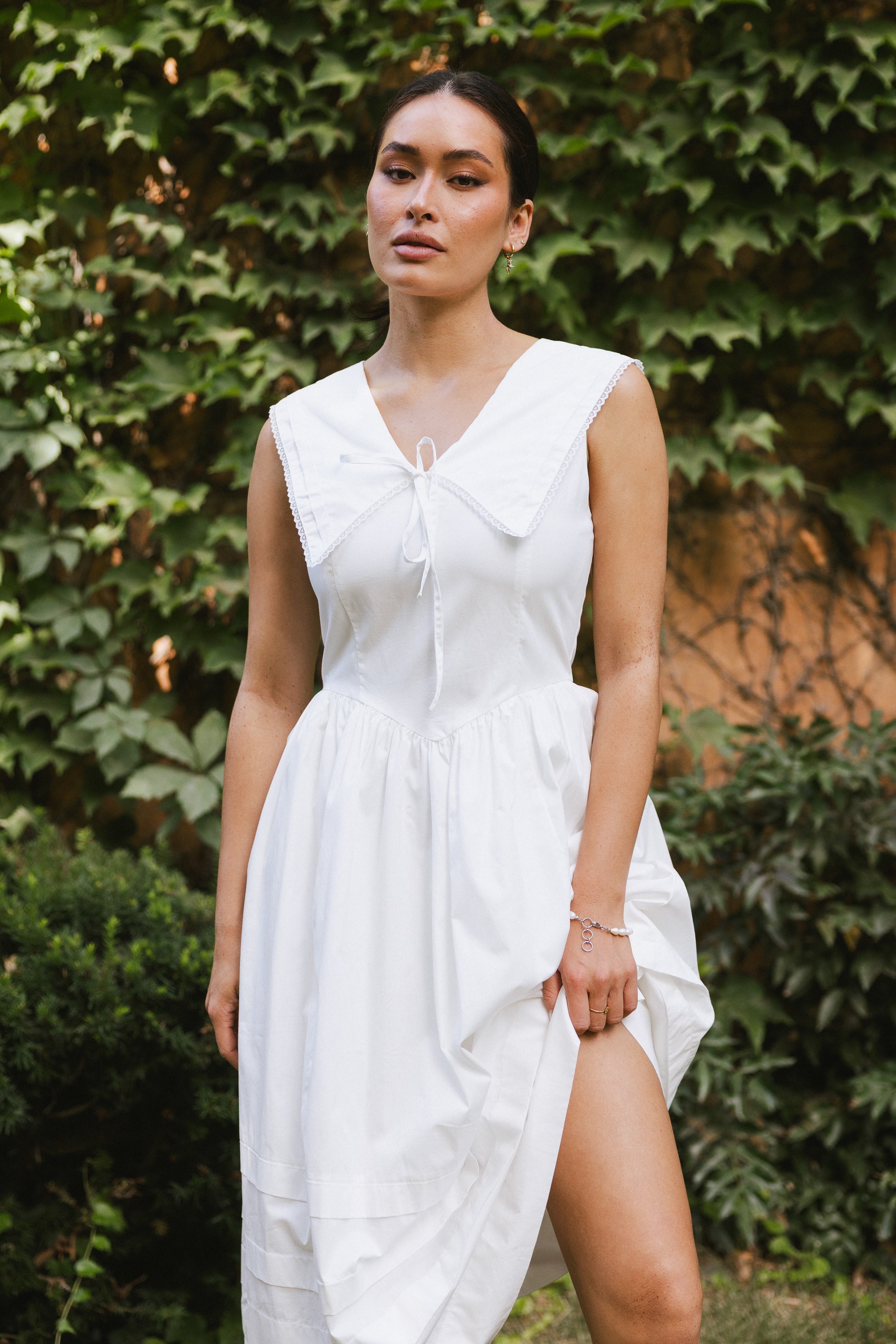 knee length dresses for ladies Louie Collared Midi Dress in White knee length dresses for ladies Louie Collared Midi Dress in White