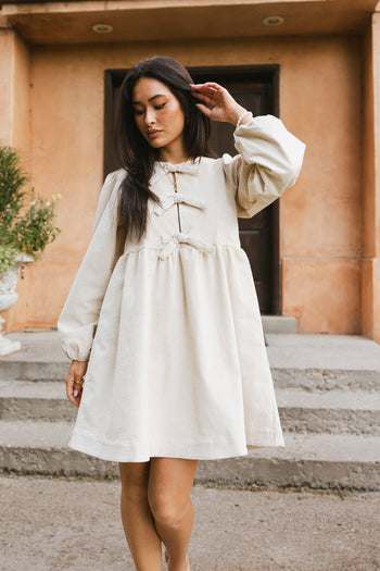 Peplum Mini Dress in Ivory Corduroy