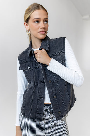 black button up denim vest