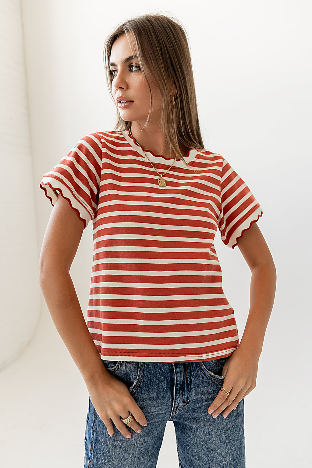 red and white striped top