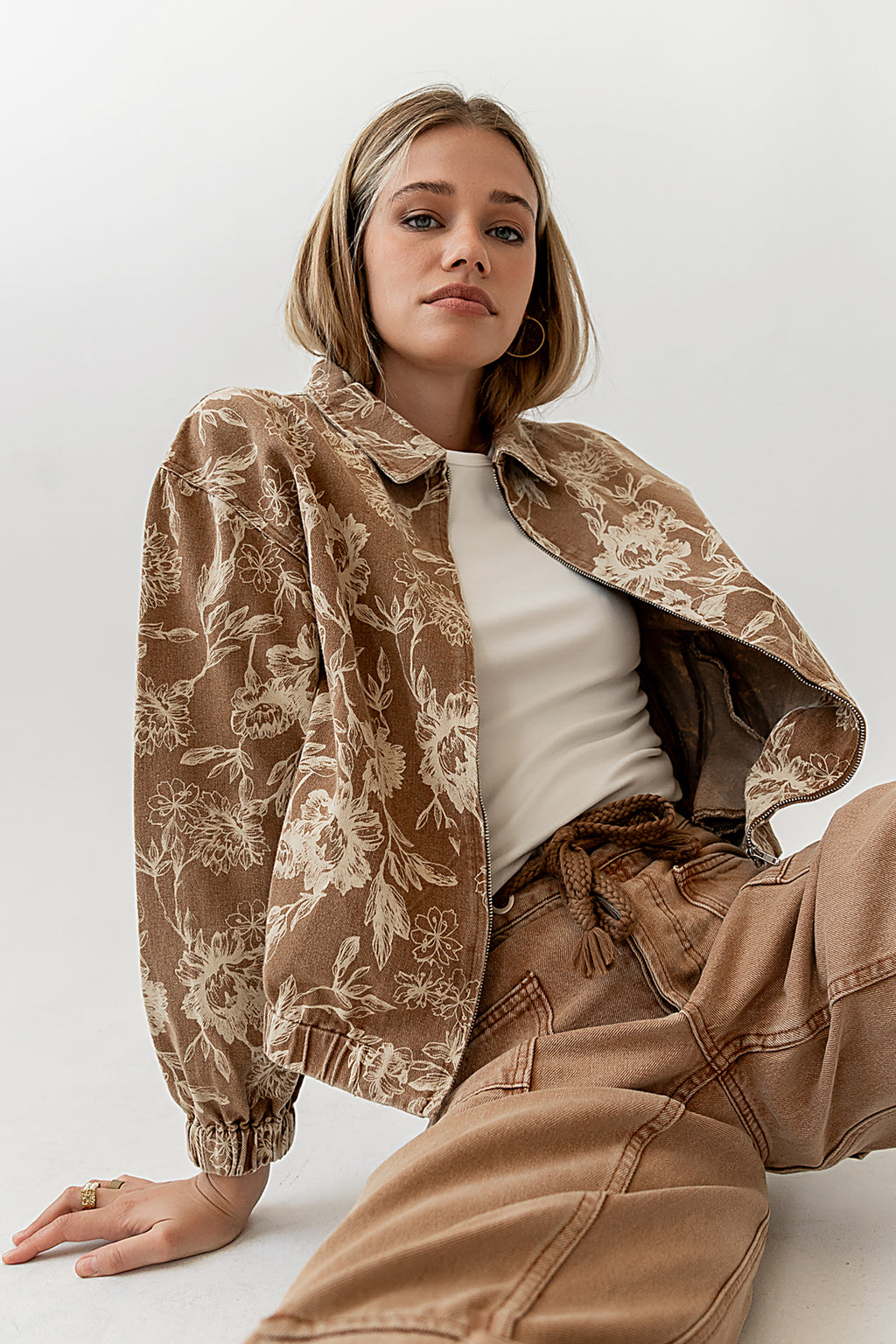 Floral Bomber Jacket in Camel