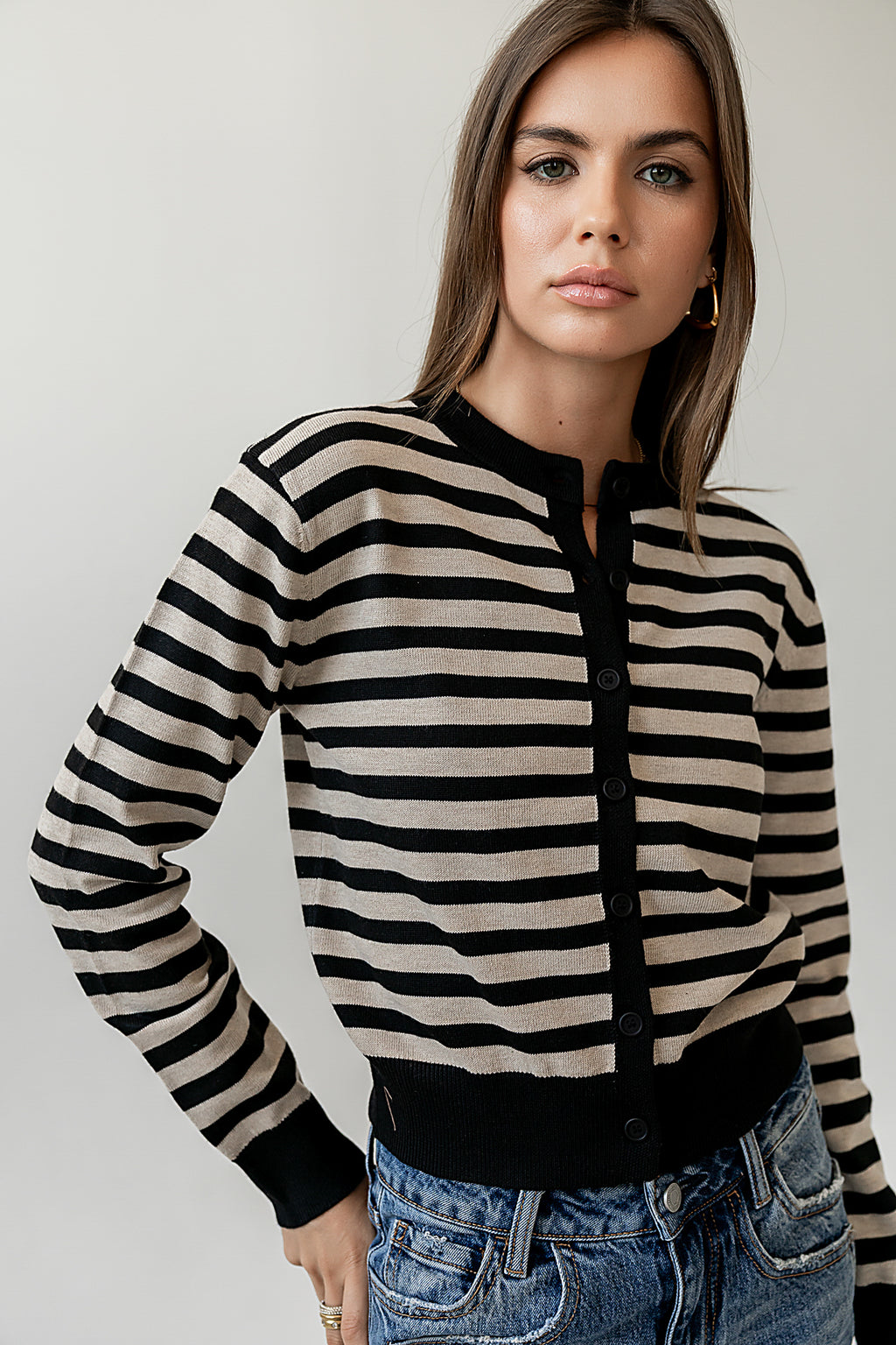 BLACK SWETATER WITH TAUPE STRIPES