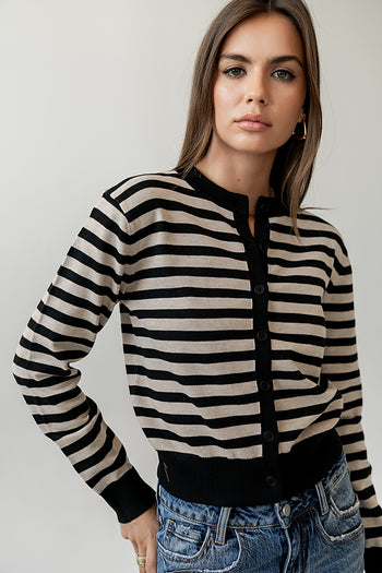 BLACK SWETATER WITH TAUPE STRIPES
