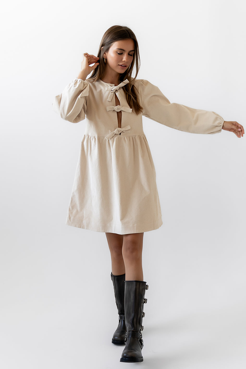 tyler peplum mini dress in corduroy Bhme Tyler Peplum Ivory Corduroy Tie Front Preppy Girly Mini Dress Women's  M