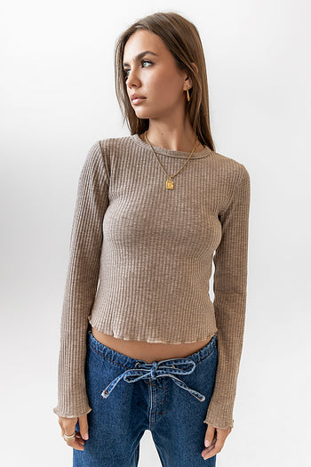lettuce detail long sleeve top in taupe