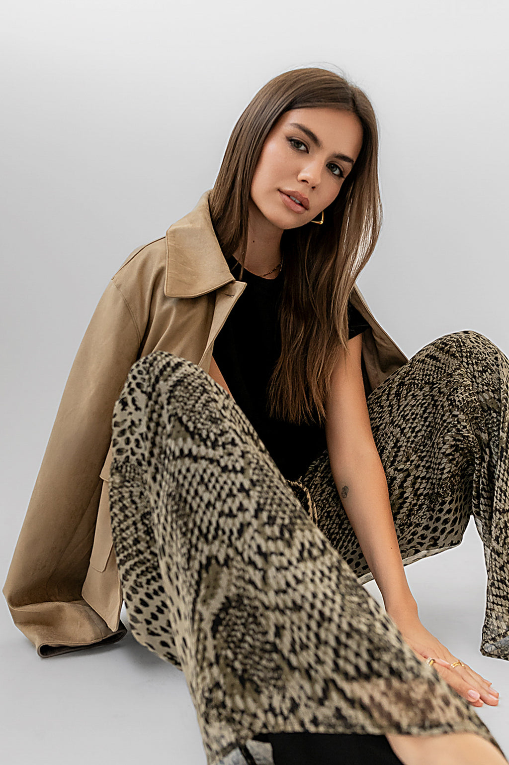 snake print dressy pants with suede jacket
