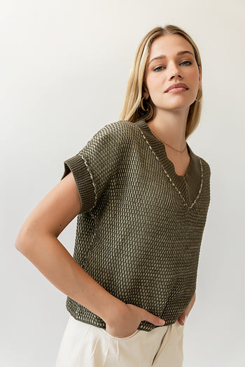 Saige Contrast Sweater in Olive - FINAL SALE