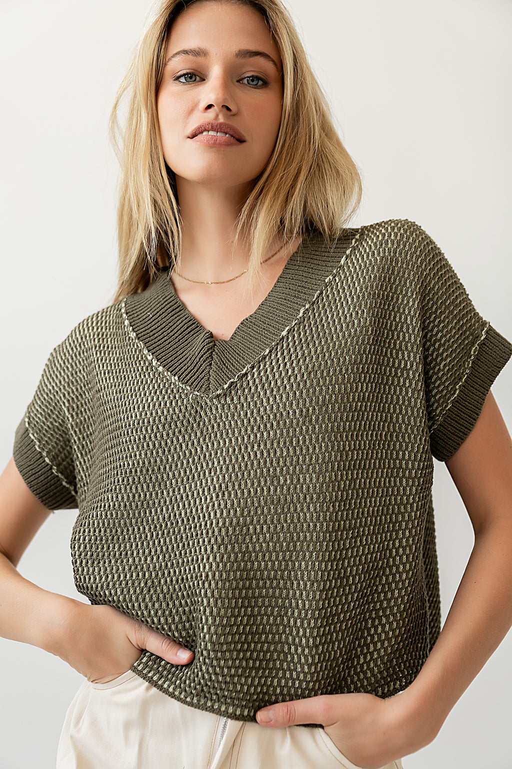 olive short sleeve textured top