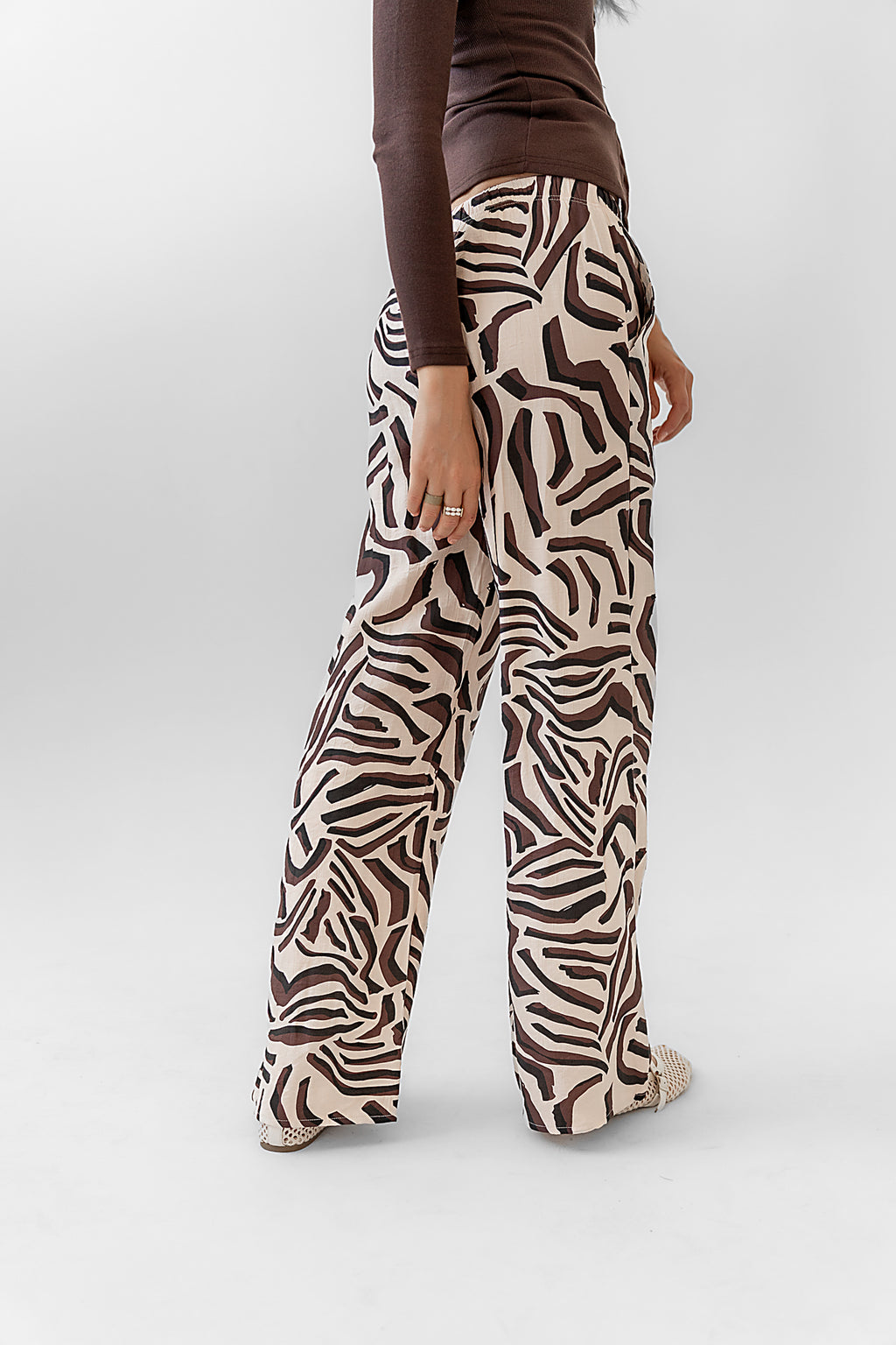 Cream Wide Leg Pants with Abstract Print