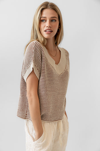 textured short sleeve knit sweater