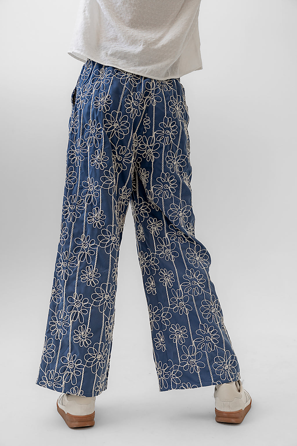 floral embroidered pants in blue