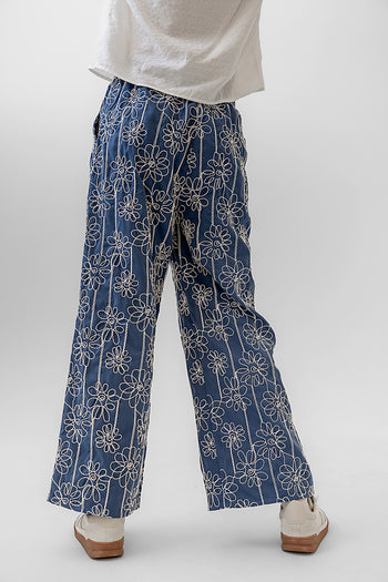 floral embroidered pants in blue