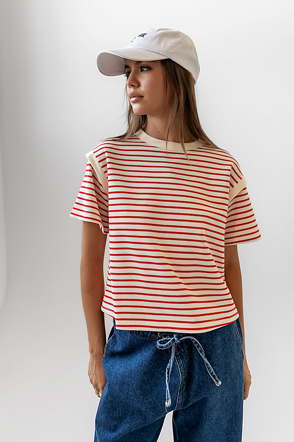 red and white striped oversized tee