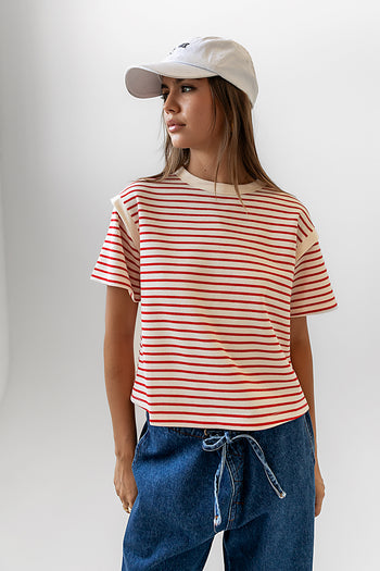 red and white striped oversized tee