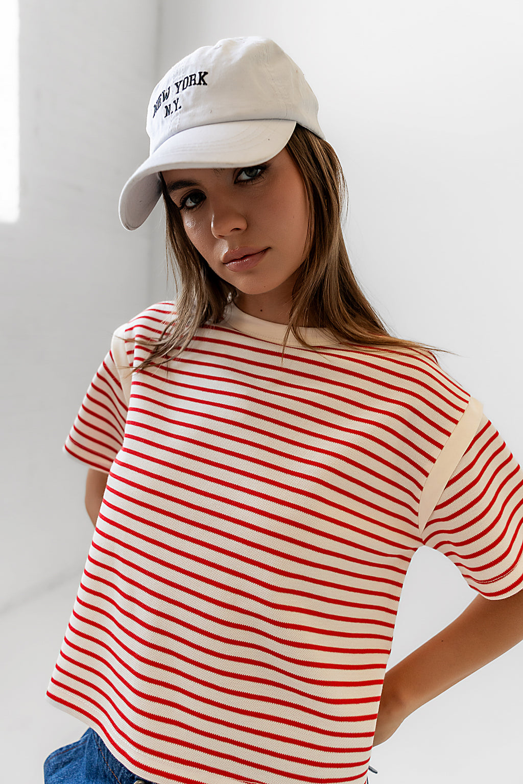 red and white short sleeve top