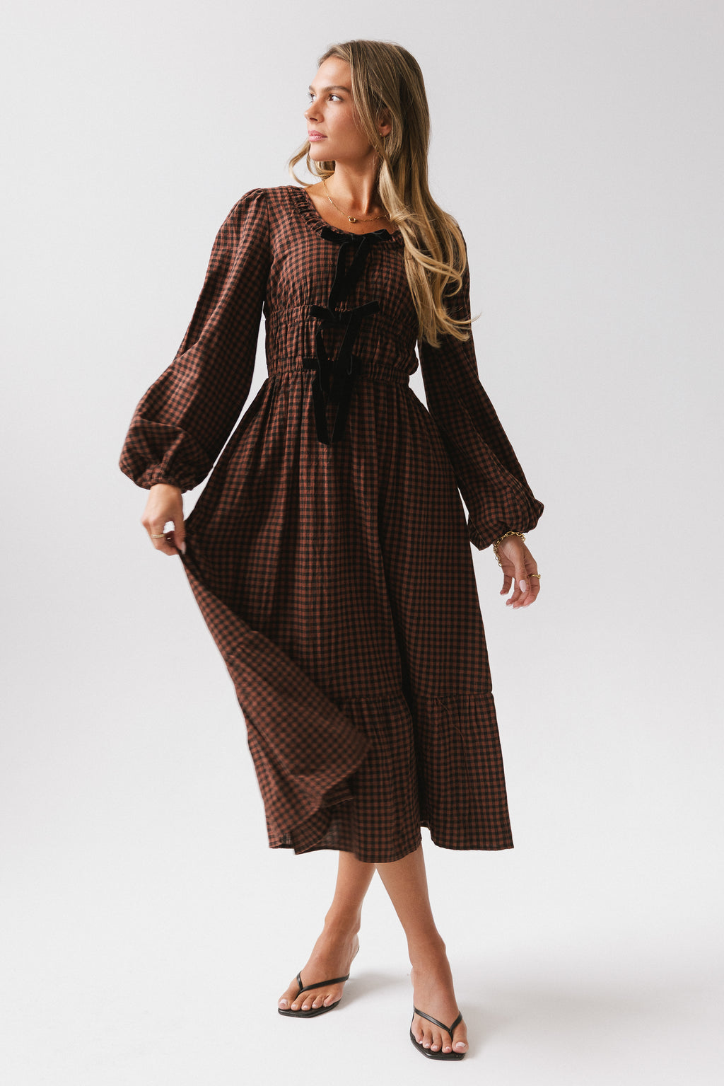 bow tie detail down the chest of maxi dress 