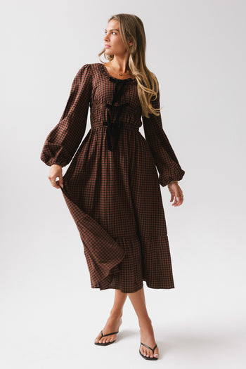 bow tie detail down the chest of maxi dress 