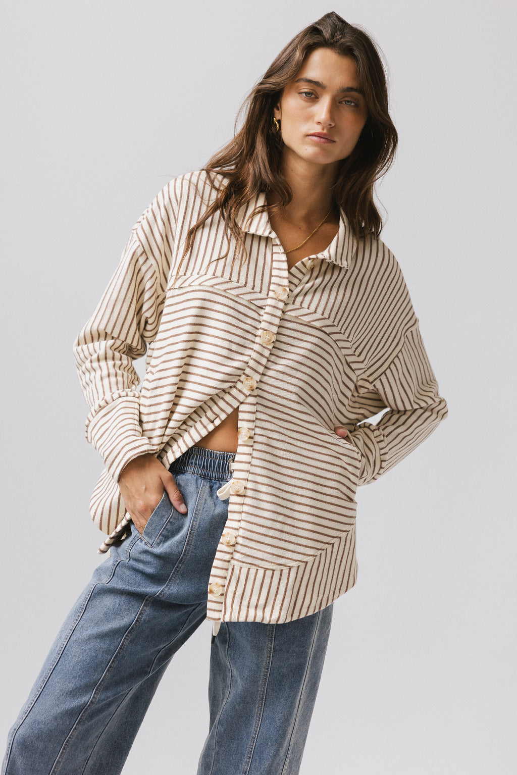 CREAM BUTTON UP WITH BROWN STRIPES