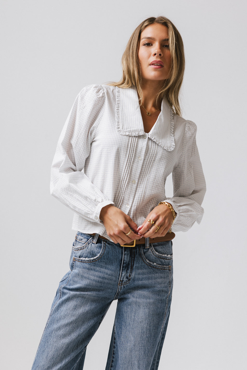 blue and ivory plaid blouse