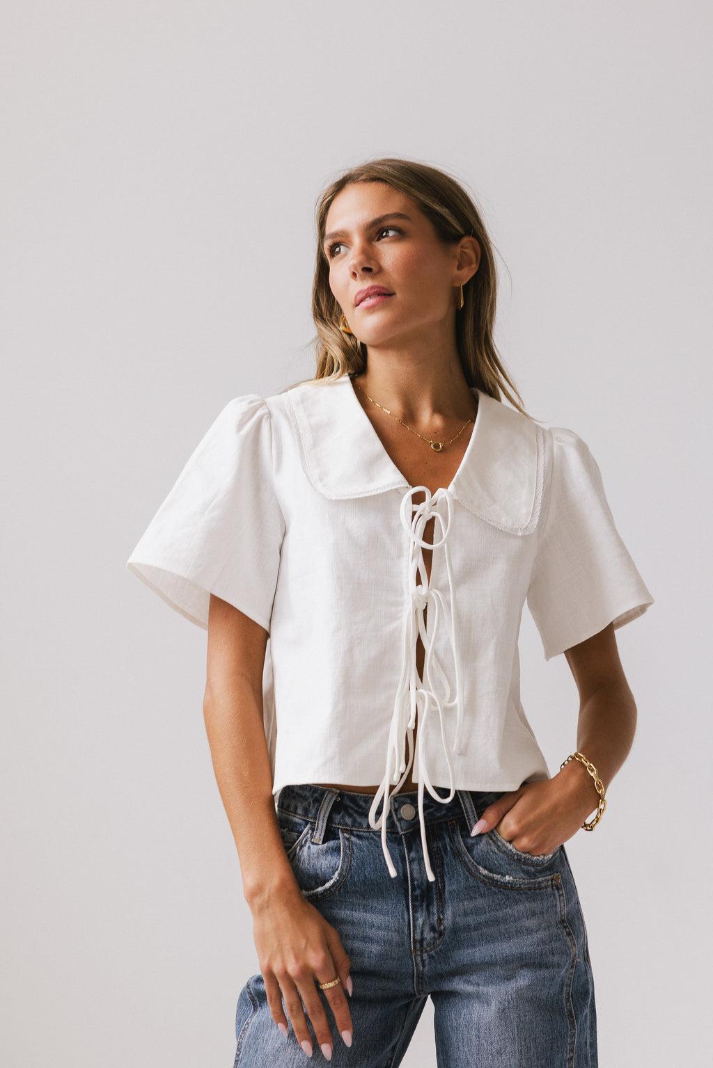 Ethan Tie Front Blouse in White