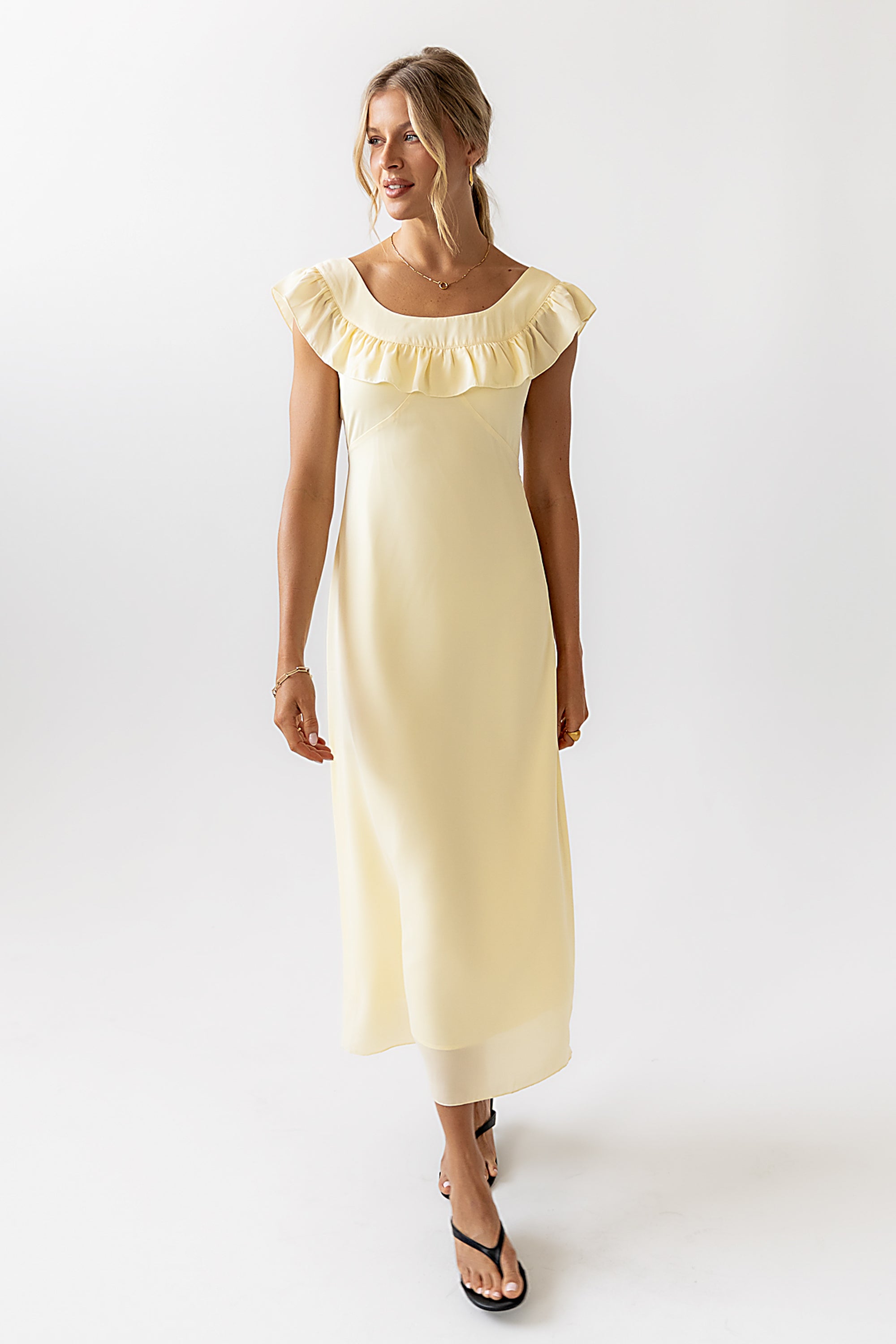 knee length dresses for ladies Rihoas Square Neck Pleated Slip Midi Dress Women's, Yellow / M main image 1
