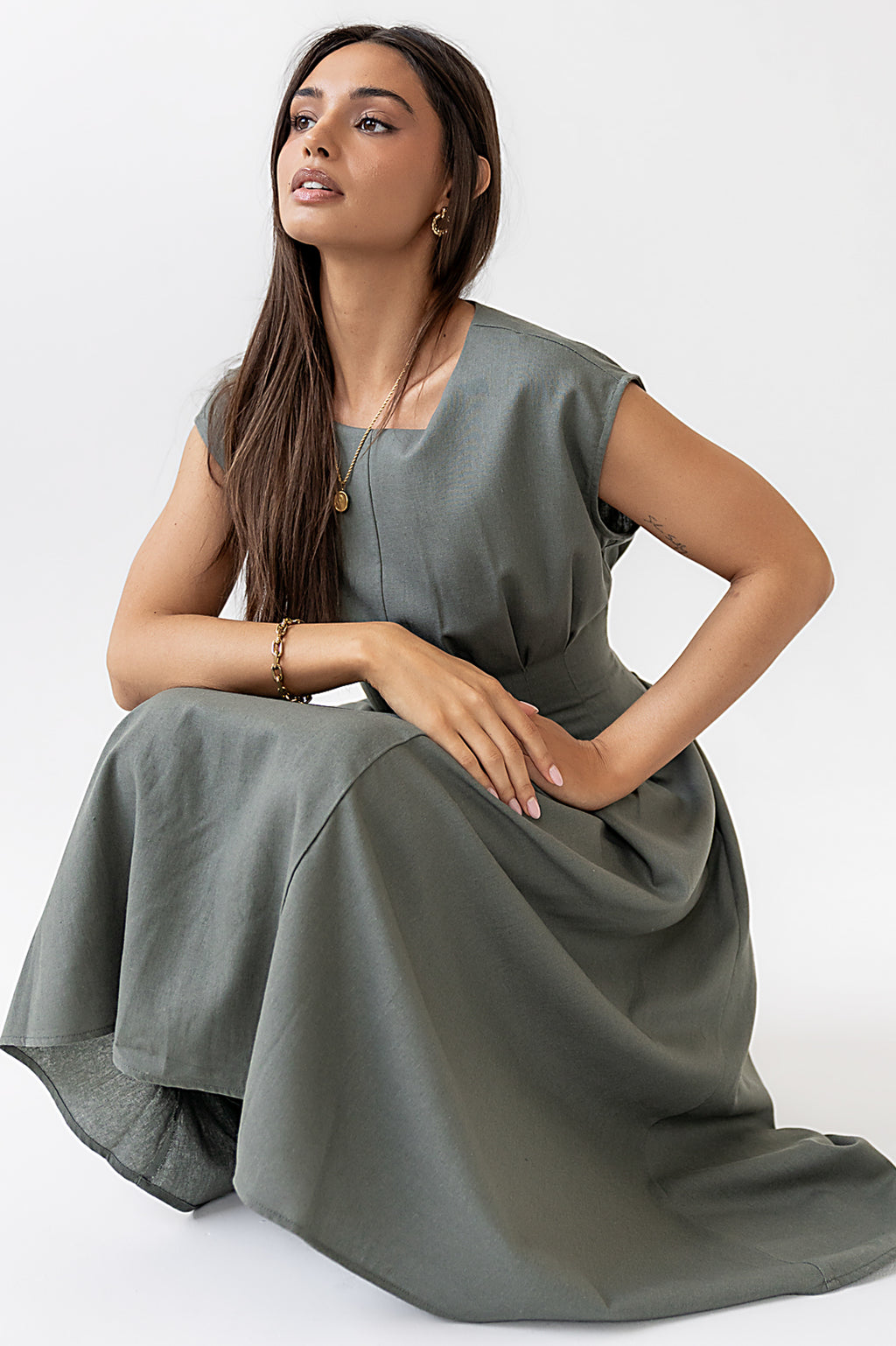 Pleated Maxi Dress in Olive