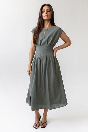Pleated Maxi Dress in Olive