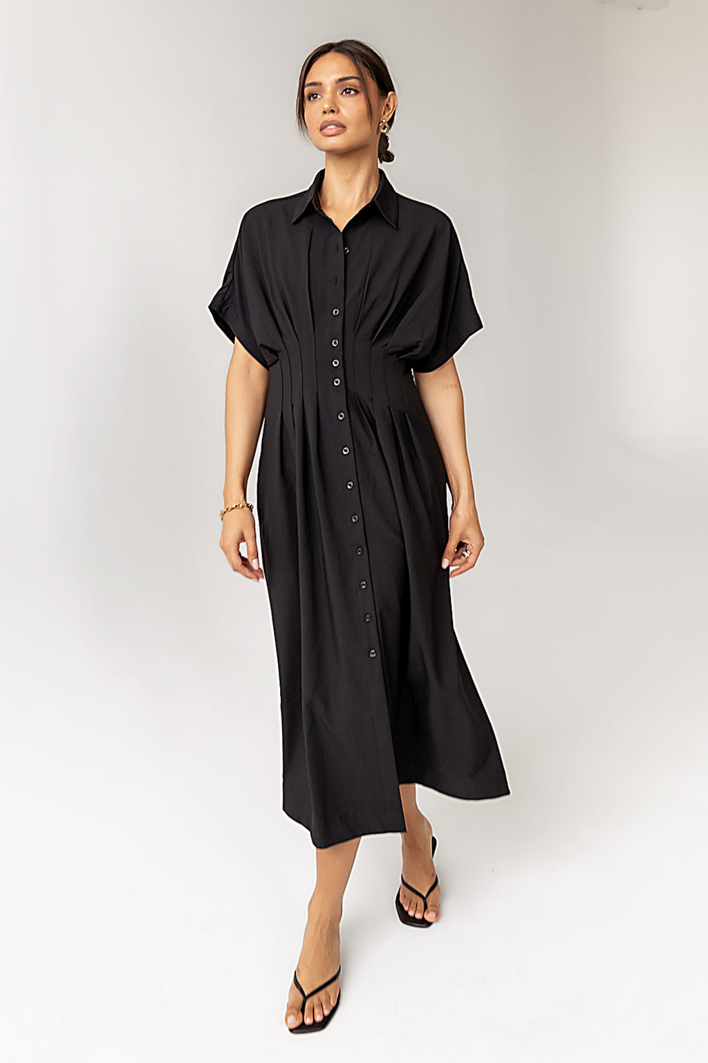 midi dress in black with front buttons