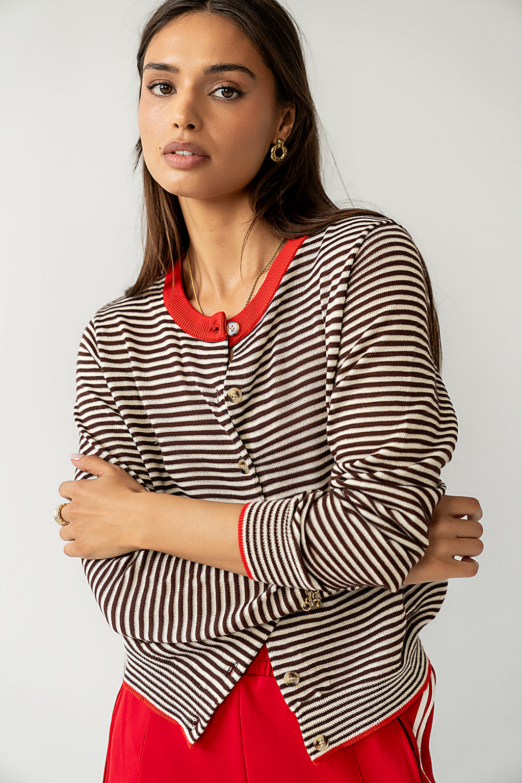 button front striped cardigan
