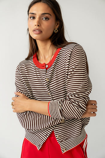 button front striped cardigan