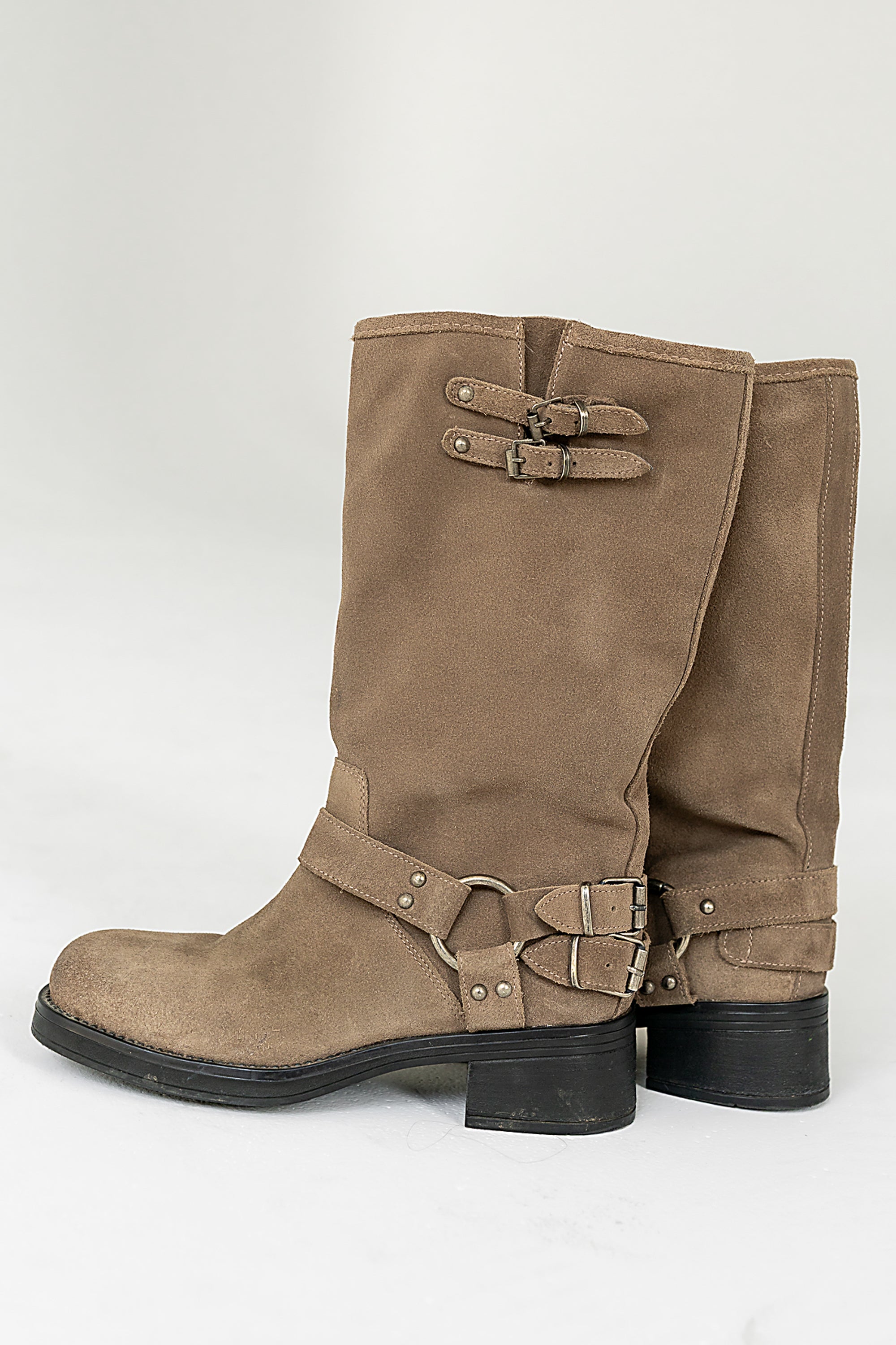 Steve Madden Astor Moto Boot in Taupe Suede