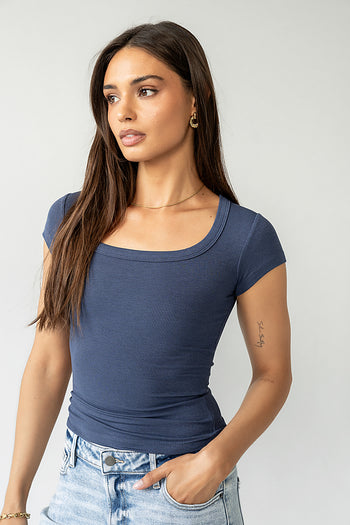 Freya Ribbed Top in Navy