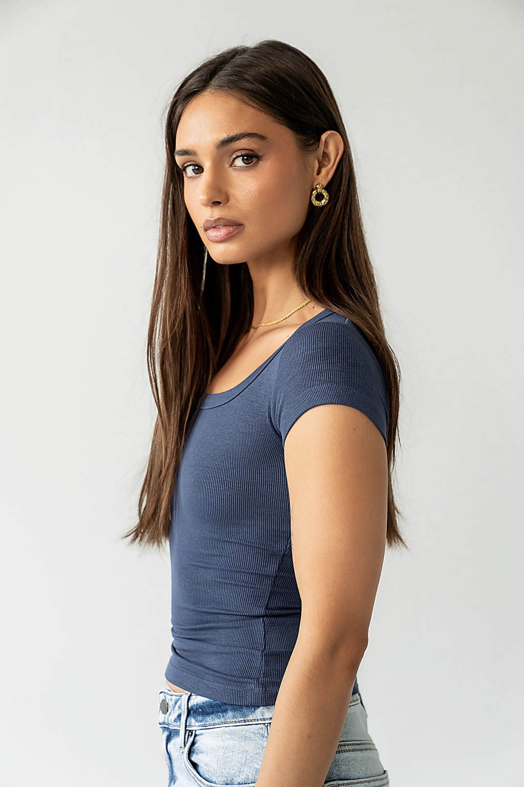 Freya Ribbed Top in Navy
