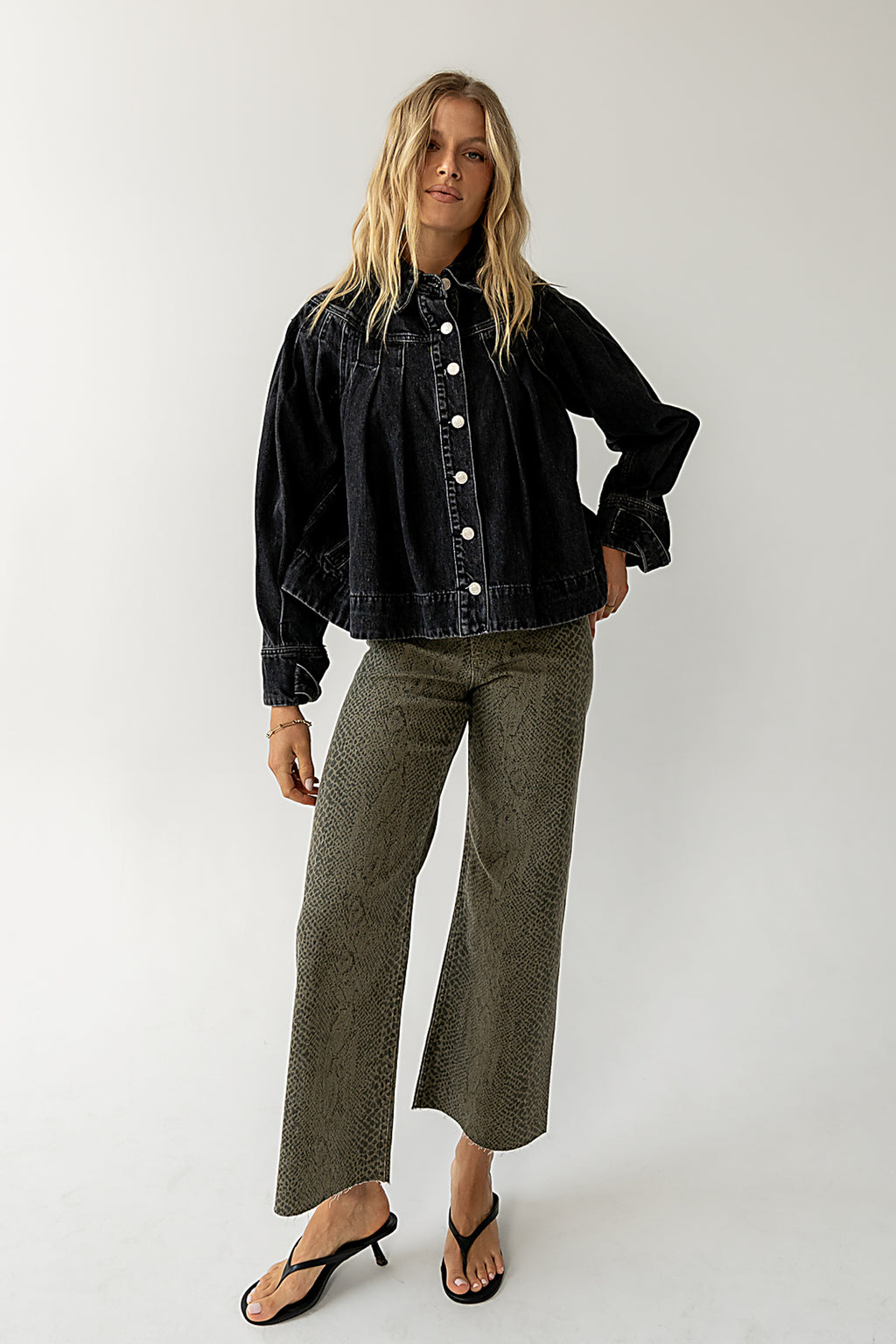 pleated denim jacket