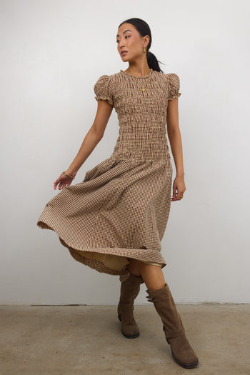 Opal Gingham Maxi Dress in Brown