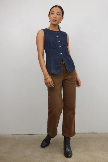 brown denim jean with navy denim vest