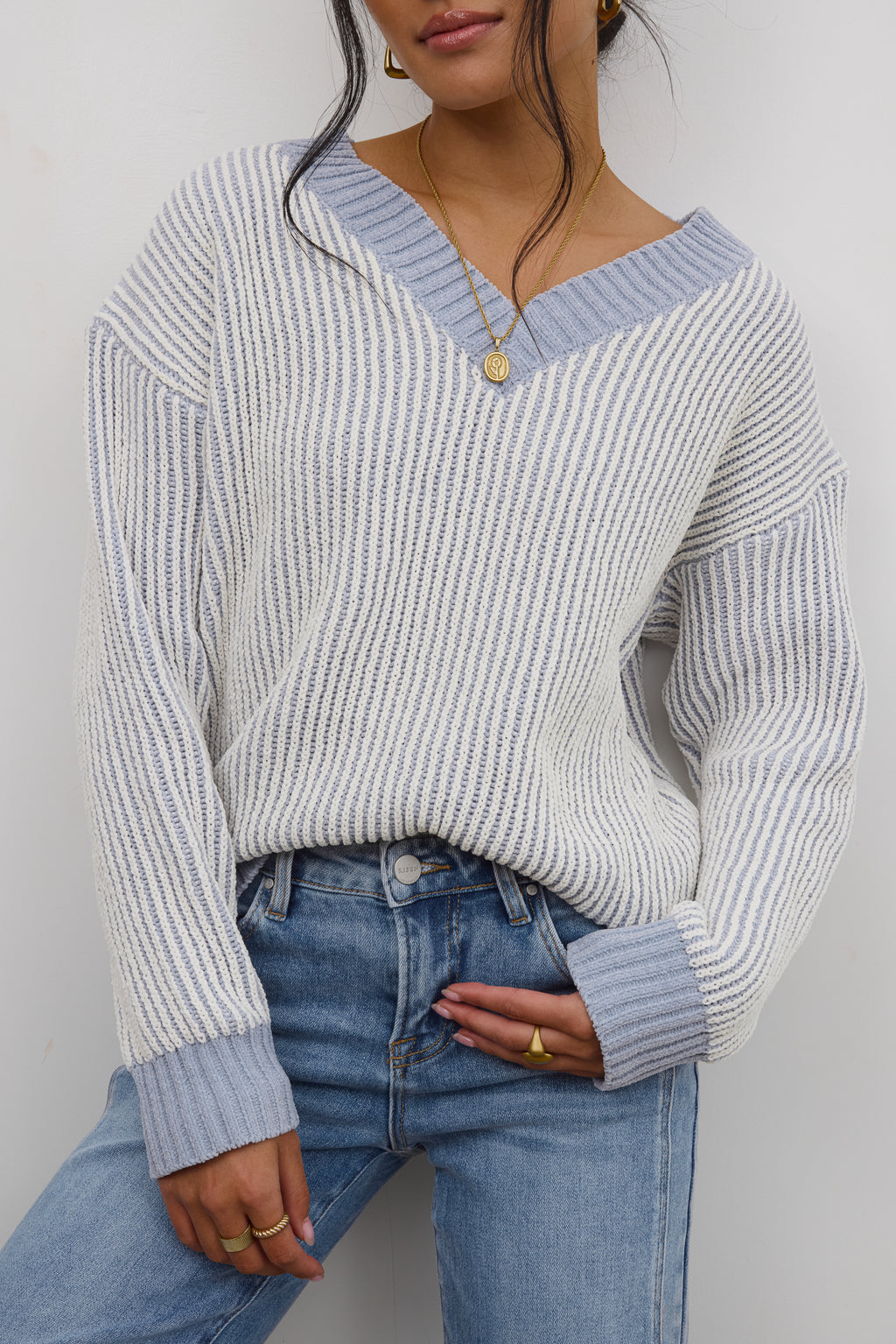 strapless open back dress Glinda Knit Sweater in Blue