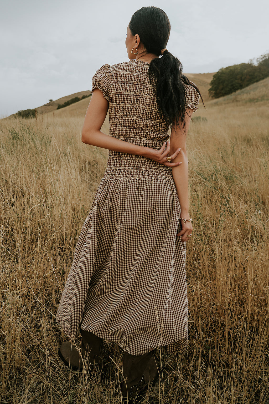 Opal Gingham Maxi Dress in Brown