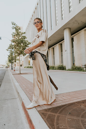 Robbin Satin Maxi Skirt in Tan